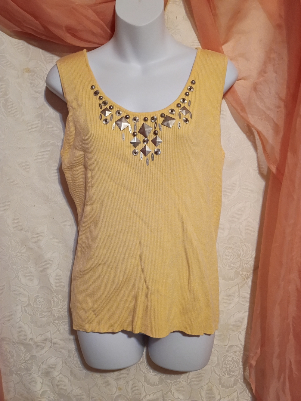 Ruby Rd. Ladies Yellow Embellished Ribbed Scoop Neck Tank Sz XL
